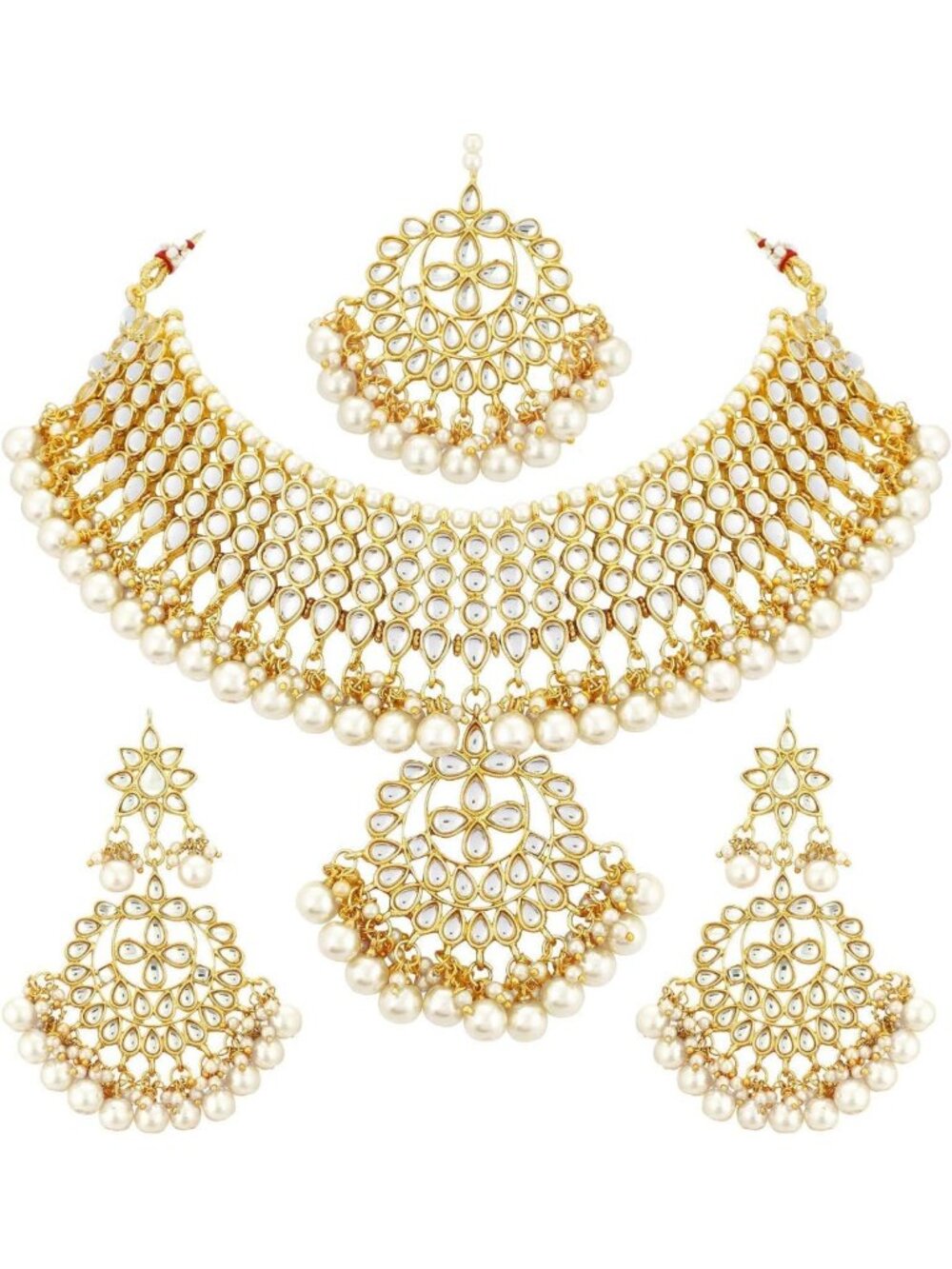 Elegant Indian Maang Tikka & Kundan Necklace Earrings Set | Ethnic Wedding